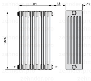 Схема (чертеж) Радиатор Zehnder Charleston 6280/9 №2670 Белый глянцевый RAL 9016
